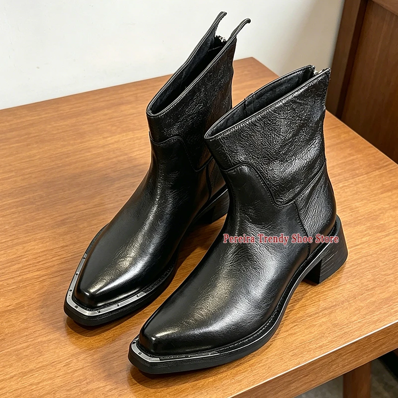 Metal Decor Pointed Toe Thick Soled Chelsea Boots Retro Black Leather Back Zipper Short Boots Spring Autumn Outdoor Men's Shoes
