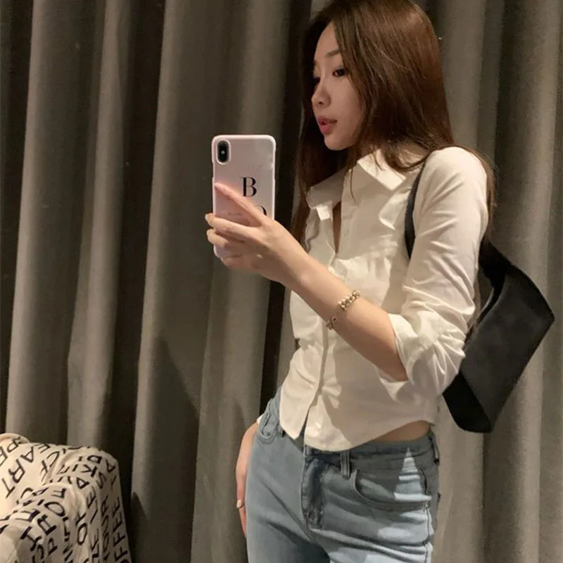 Lucyever Women White Crop Shirt 2023 Spring Summer Korean Style Long Sleeve Blouse Woman All-Match Daily Design Casual Shirts