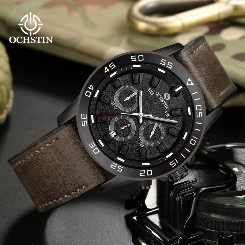OCHSTIN Mens Genuine Leather Strap Multifunction Quartz Aviator Series Watch Man Waterproof Casual Sport Fashion Wristwatch