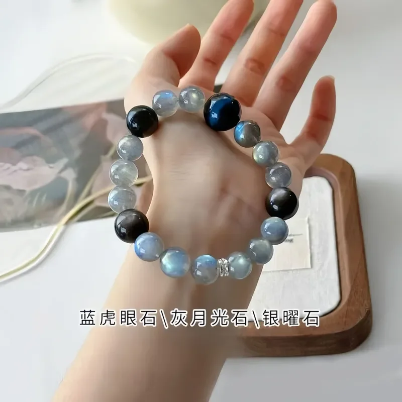 Natural blue gray moonstone single circle crystal bracelet elongated stone blue tiger eye silver obsidian bracelet jewelry.