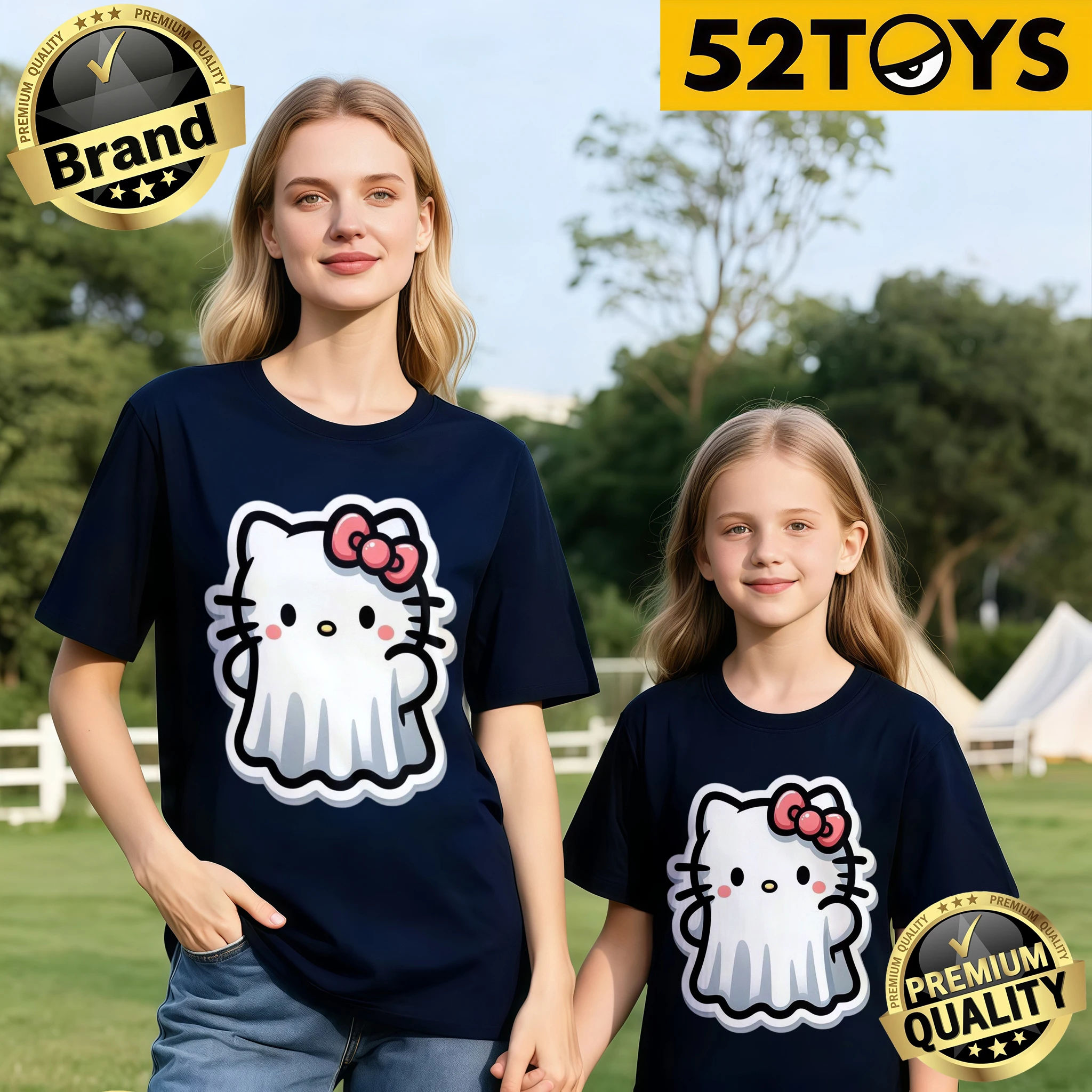 

2026 Summer Flash Sale! 52TOYS Hello Kitty Ghost Print Parent-Child T-Shirts, Casual Loose 100% Cotton Quality Tees Single Piece