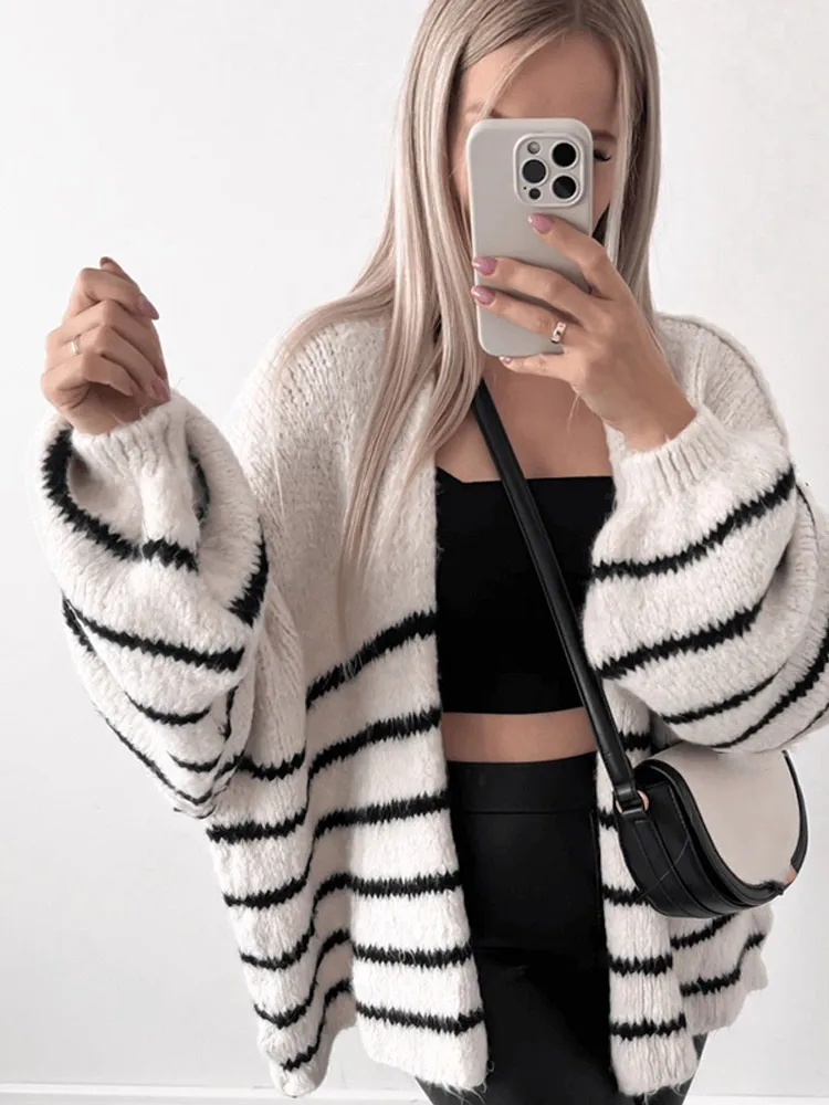 Fashion Stripe Women Knitted Cardigan Elegant V-neck Long Sleeve Loose Sweater 2025 Autumn Winter Lady Commuter Knitwear