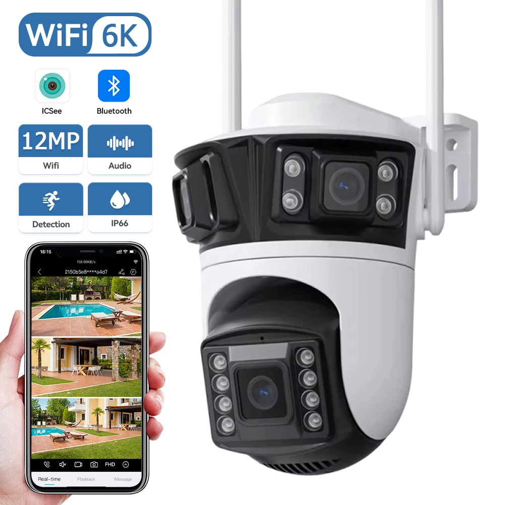 12MP 6K HD 3 Lens Outdoor Camarade Seguridad Wifi 6MP Triple Camera System AI Human Detection WiFi iCsee App CCTV Waterproof