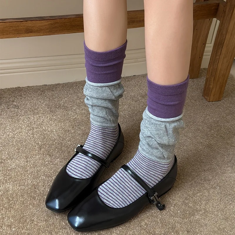 2026 New Women's Socks Color Matching Korean Striped Cotton Medium Tube Socks Women Autumn and Winter Vintage Loose Long Socks