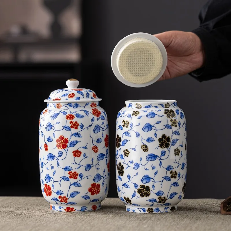 Blue and White Porcelain Branch-and-lotus Tea Caddy Desktop Ceramic Vase Household Jar for Candies Nuts Coffee Beans and Herbs