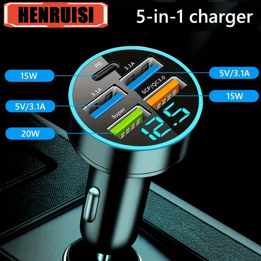 5 in-1 PD 15W Car Charger Super Fast Charging Type C 5 Ports For iPhone 15 14 Xiaomi Samsung Huawei Universal for All Car Models