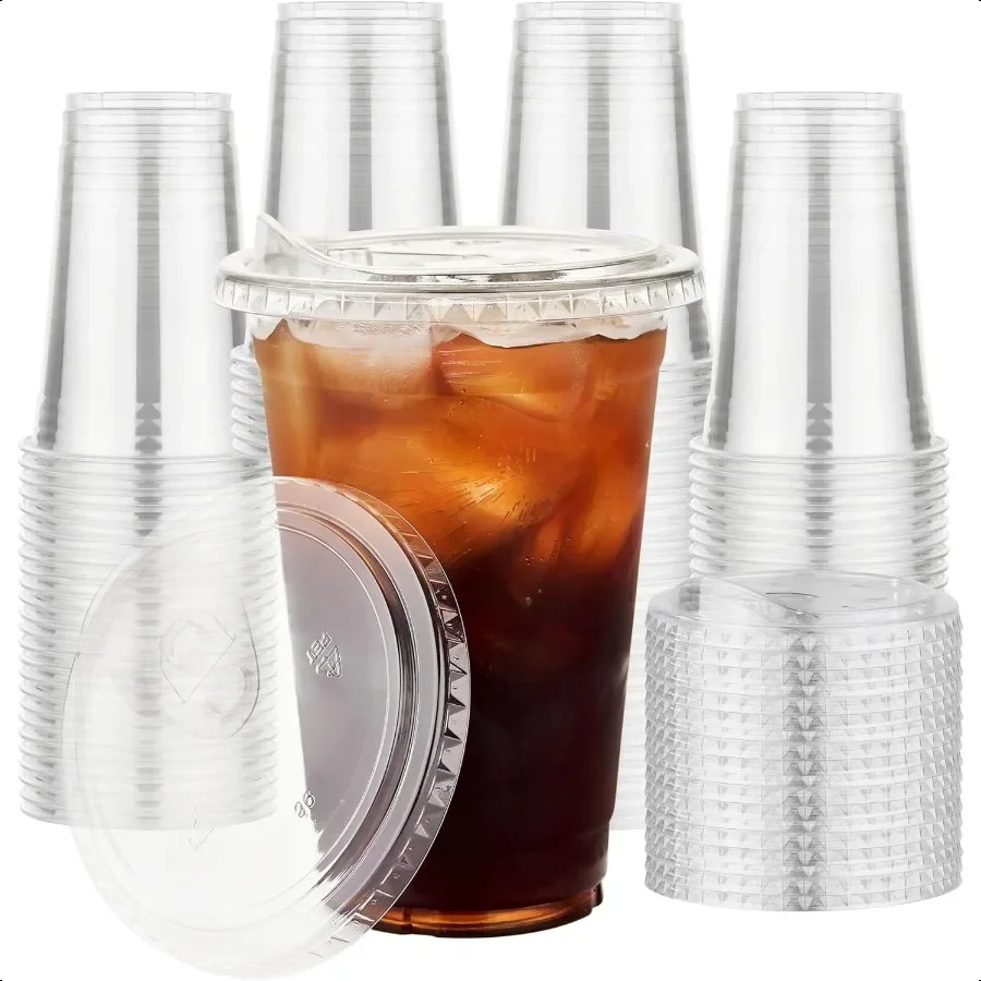

100 Pack 16 oz Clear Plastic Cups with Lids for Cold Drinks Strawl Sip Lids Iced Coffee Cups For Cold Beverages