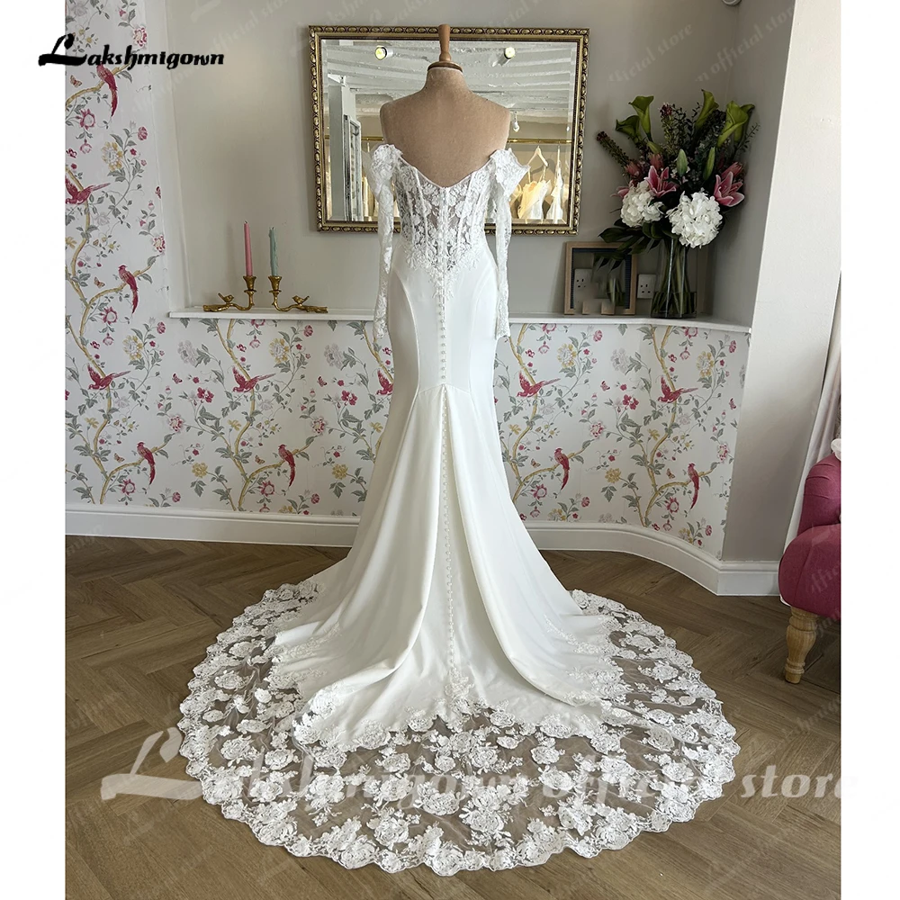 Lakshmigown Sexy Meerjungfrauen-Hochzeitskleid mit transparentem Korsett-Mieder, Satinrock, Spitzen-Kathedralenschleppe, Brautkleid nach Maß – Detail 6