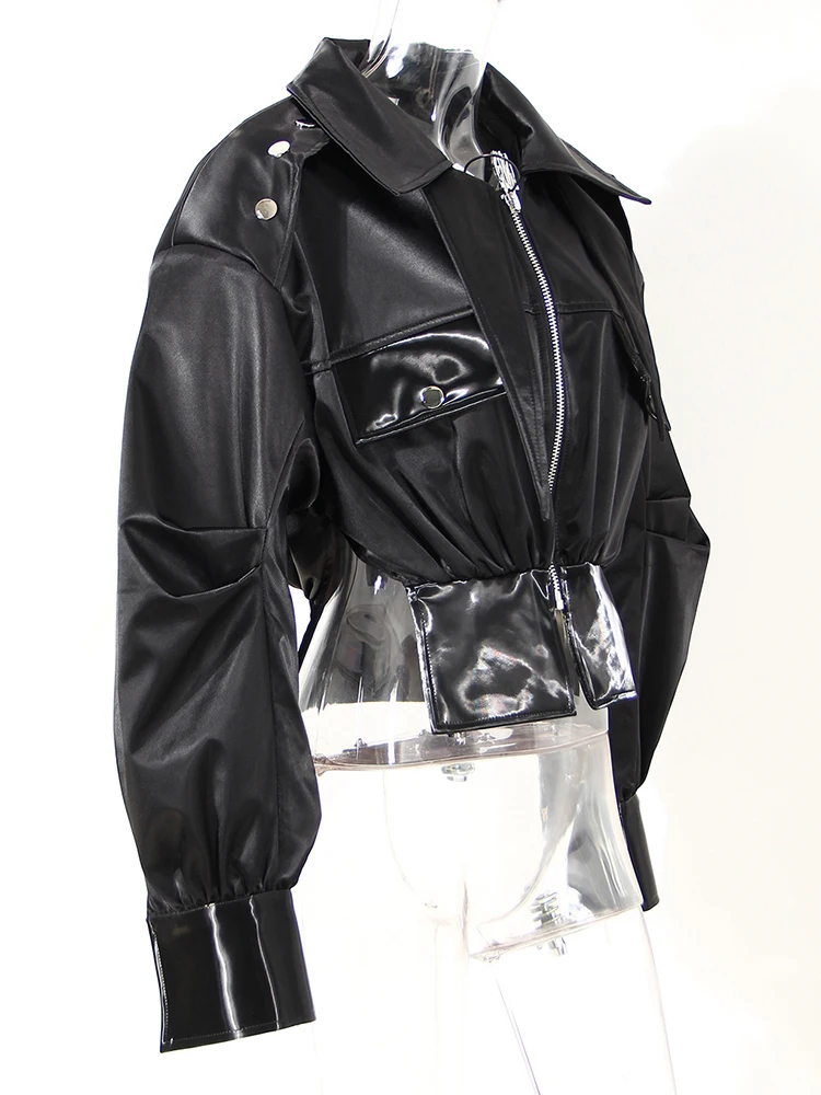 Eam-ルーズフィットの女性用ブラックレザージャケット,ラージサイズのコート,新しいラペル,長袖,春のファッション,秋,1de4530,2024