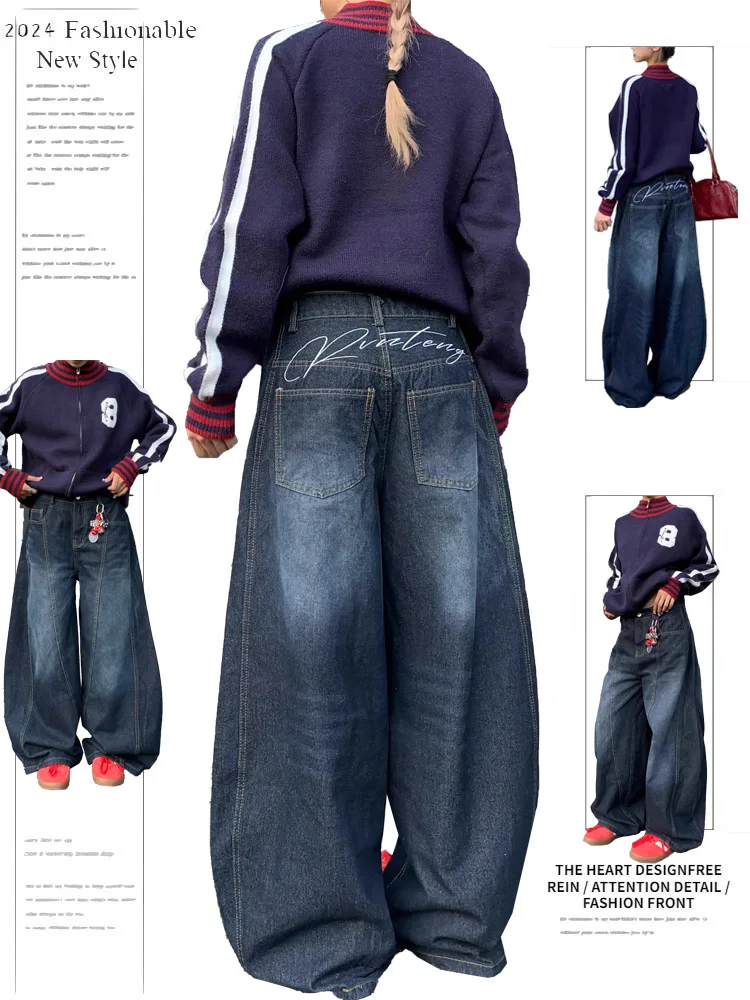 

Retro American High Street Knife Wide Leg Jeans Men's Loose Fit Floor Length Trousers Unisex Design Casual Denim Pants