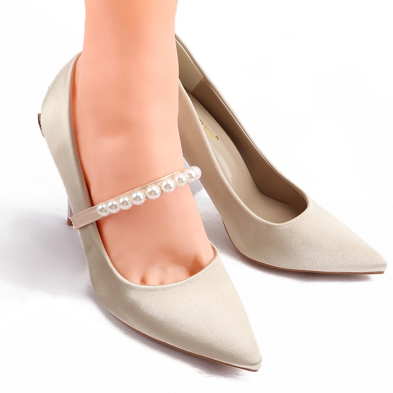 Lacci delle scarpe con fibbia per tacchi alti da donna perle di lusso strass scarpe elastiche sandali in pizzo supporto per cinturino per scarpe