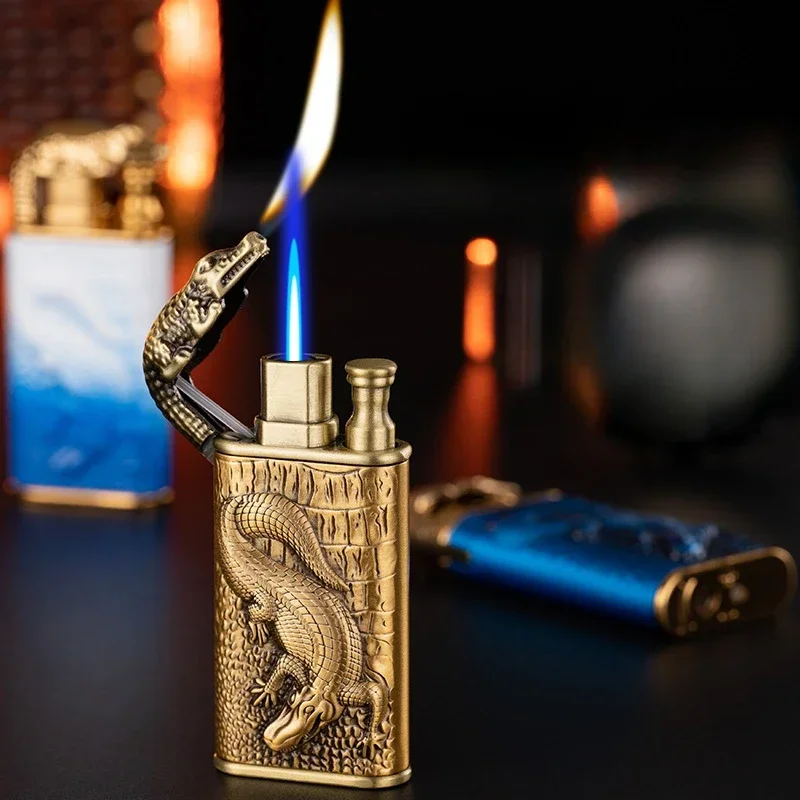 New Cool Double Flame Lighter Windproof Metal Cigarette Torch Lighter Butane Gas Jet Lighters Crocodile Dragon Men Smoking Gift