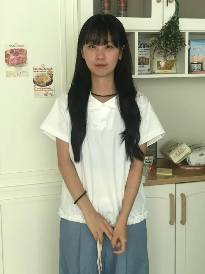 Coréen Sle doux col de poupée ort Sve irt femmes Faion collège Sle bois ain été nouveau haut mince coupe ample