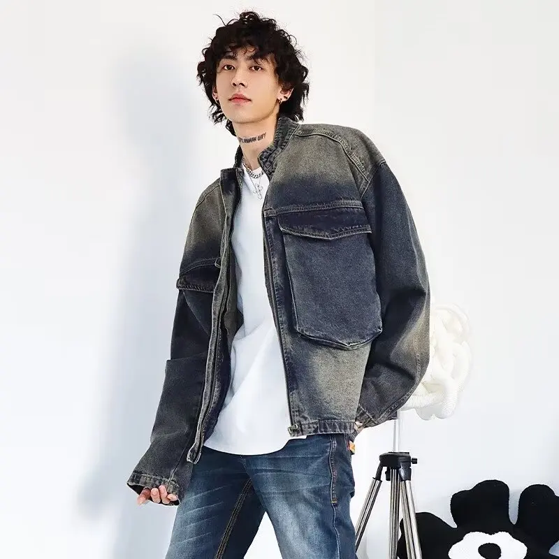 

Loose Fit Vintage Blue Denim Jaet with Zipper Closure Large kets Stand Collar Casual Men's Jaet Trendy Outerwear