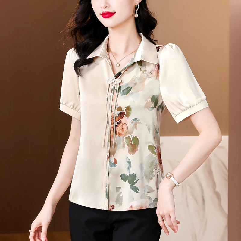 Women\'s New Summer Fashion Casual Short Sleeve Polo-Neck Chinese Style Chinese Style Button Up Satin Printed Silk Shirt Tops