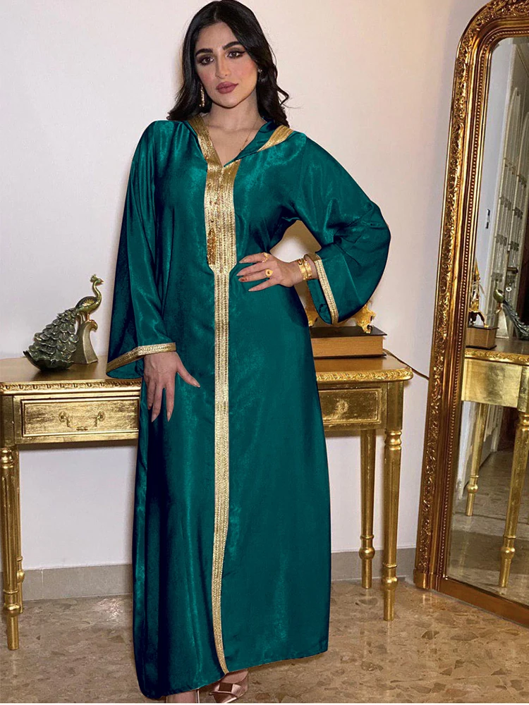 

Jalabiya Moroccan Kaftan Satin Islam Loose Hoody Long Dress Party Gowns Ramadan Eid Muslim Dubai Gulf Abayas Djellaba for Women