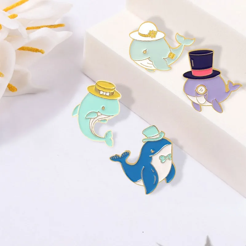 Pins Shark Whale Dolphin with Hat Glasses Brooches Bag Hat Lapel Pin Badge Men Women Jewelry Gift for Child Sea Animals Enamel