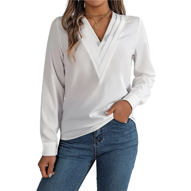 

FX-Women's V-Neck Pleated Blouse Long Sleeve Office Wear Top