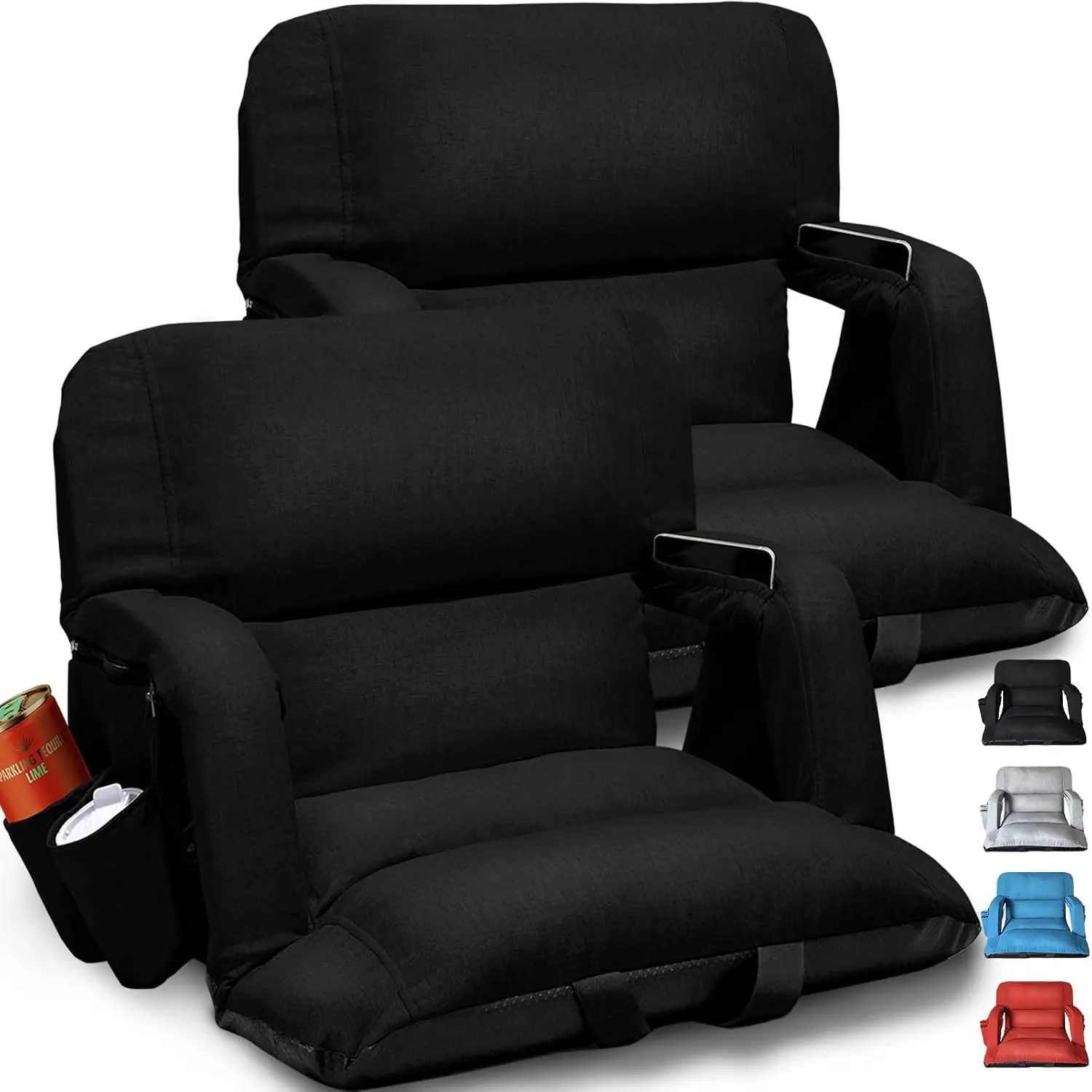 2 Pack Extra Wide Bleacher Stadium Seats with Back Support and Thick Cushion, 6 Reclining Positions Sofa‑Style Stadium Chairs for Sports Events, Black, 25 Inch