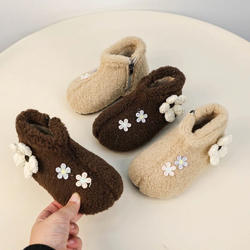 Sweet Girls Princess Boots Elegant Flower Design Children Lolita Ankle Boots Winter Versatile Kids Causal Snow Boots Furry Hairy