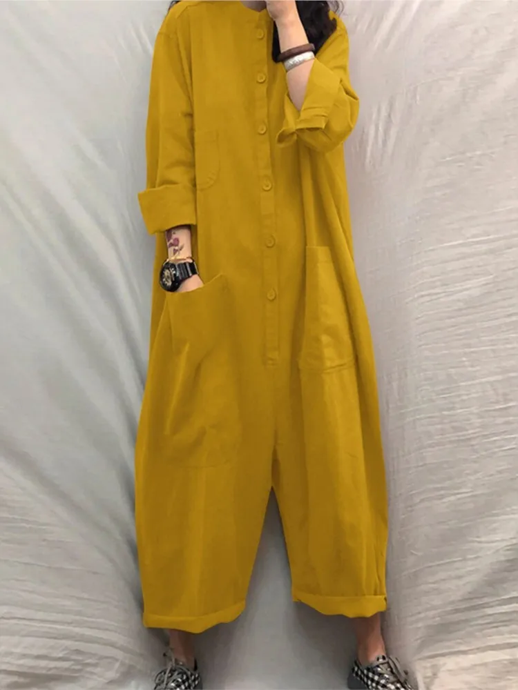 Spring New Fashion O-neck Jumpsuits Long-sleeved Single-breasted Jumpsuits For Women Solid Color Multi-pocket Casual Jumpsuits