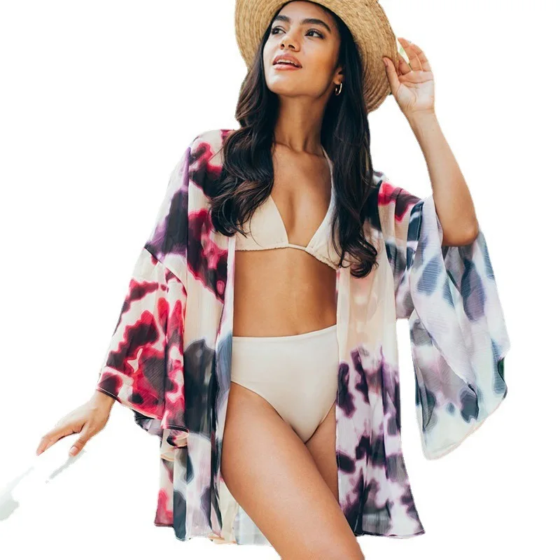 Cárdigan para cubrir para mujer, traje de baño con estampado teñido anudado, temperamento, Bikini de playa, protector solar, traje de protección UV 2022