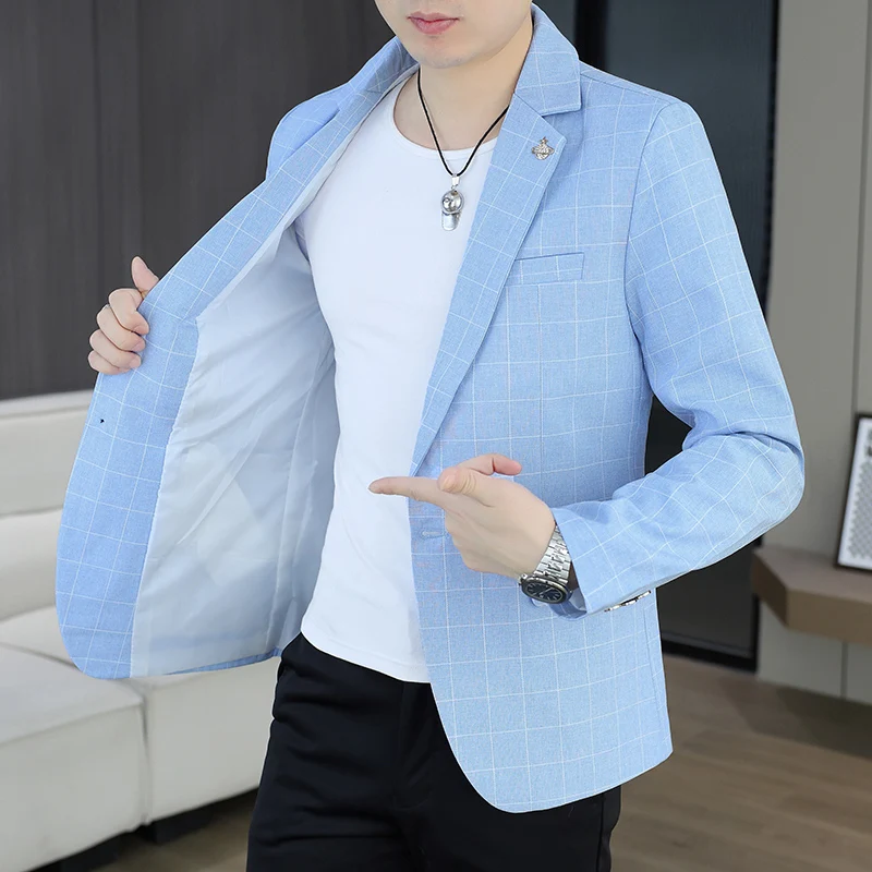 Blazer  Outdoor Men's Cycling Fashion Business Casual Checkered Korean Version Personalized Hiking Wedding Formal Wear Blazer