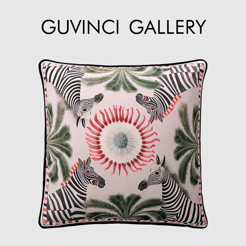 GUVINCI H Style Jungle Zebra Palm Trees Decorative Pillow Covers With Piped Trim Soft Velvet Luxury Cushion Case Chic Home Decor