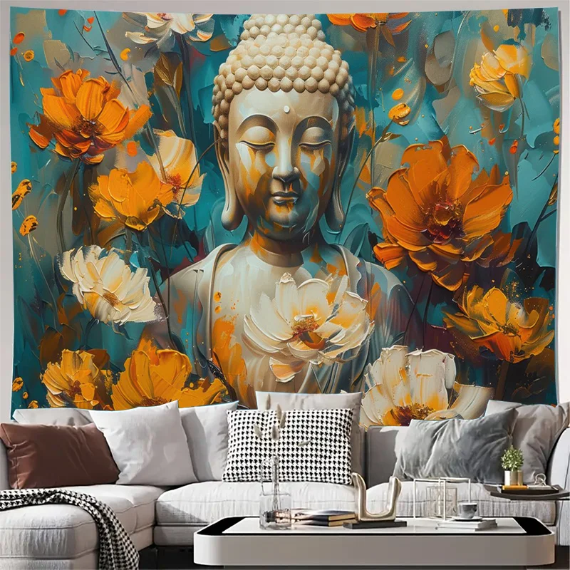 Luxurious Boho Buddha Floral Tapestry Wall Hanging Bohemian Zen Spiritual Art Print Decoration for Living Room Nursery Bedroom H
