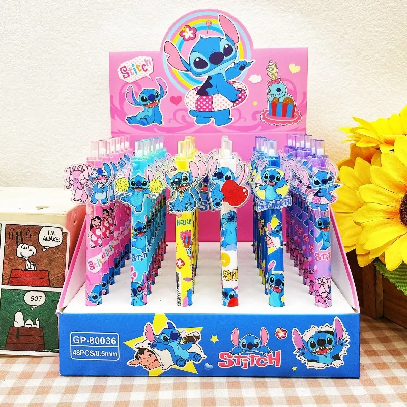 

48 шт., пресс-ручка в стиле аниме Kawaii Stitch для письма, милая гладкая нейтральная ручка 0,5 мм с черным сердечником, учебные принадлежности для студентов