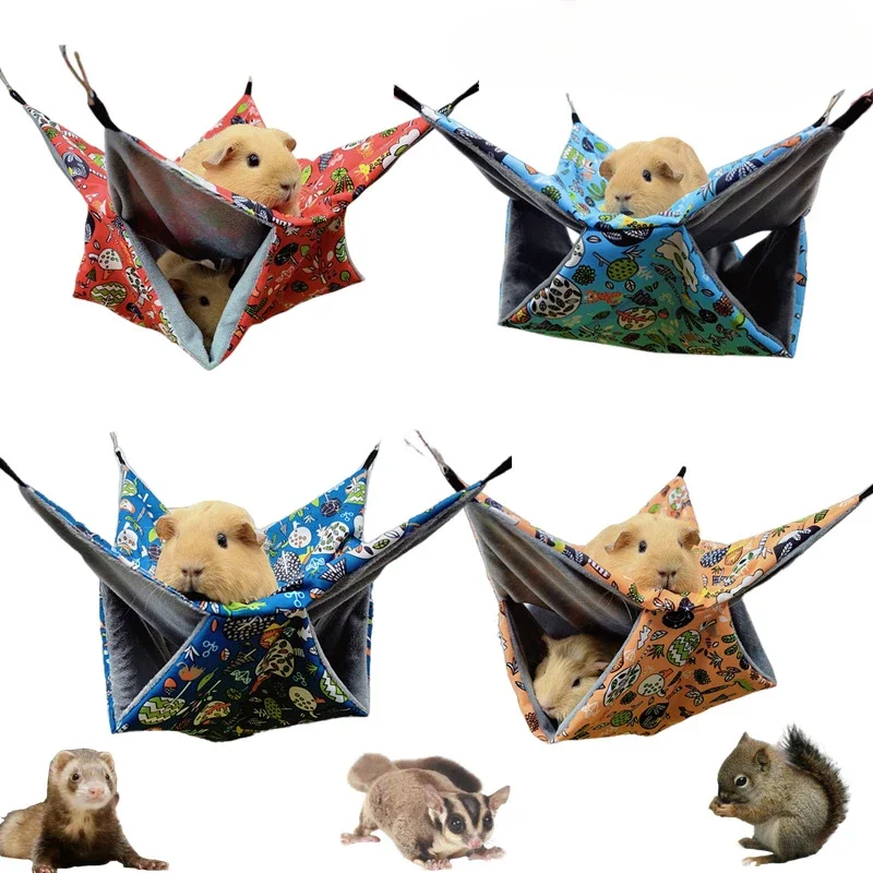 Double Layer Pets Hammock Plush Warm Bed Hamster Cage Sleeping Pad Print Guinea Pig Bed Rodent Hammock Chinchilla Little House