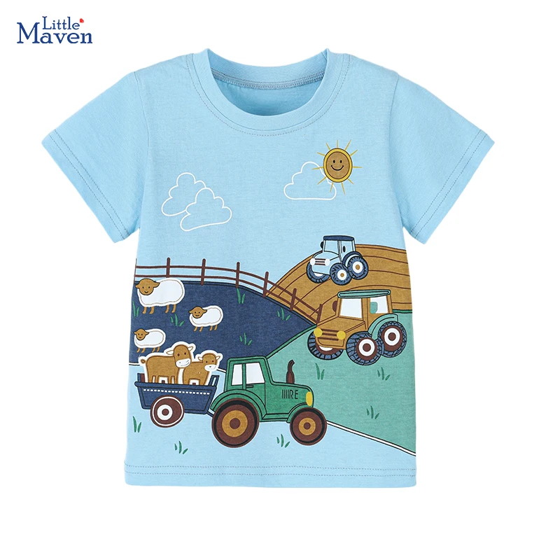Little Maven 2026 Neue Sommer-Babykleidung für Jungen, Kinderkleidung, Oberteile, T-Shirts mit Cartoon-Traktoren, T-Shirts für Teenager