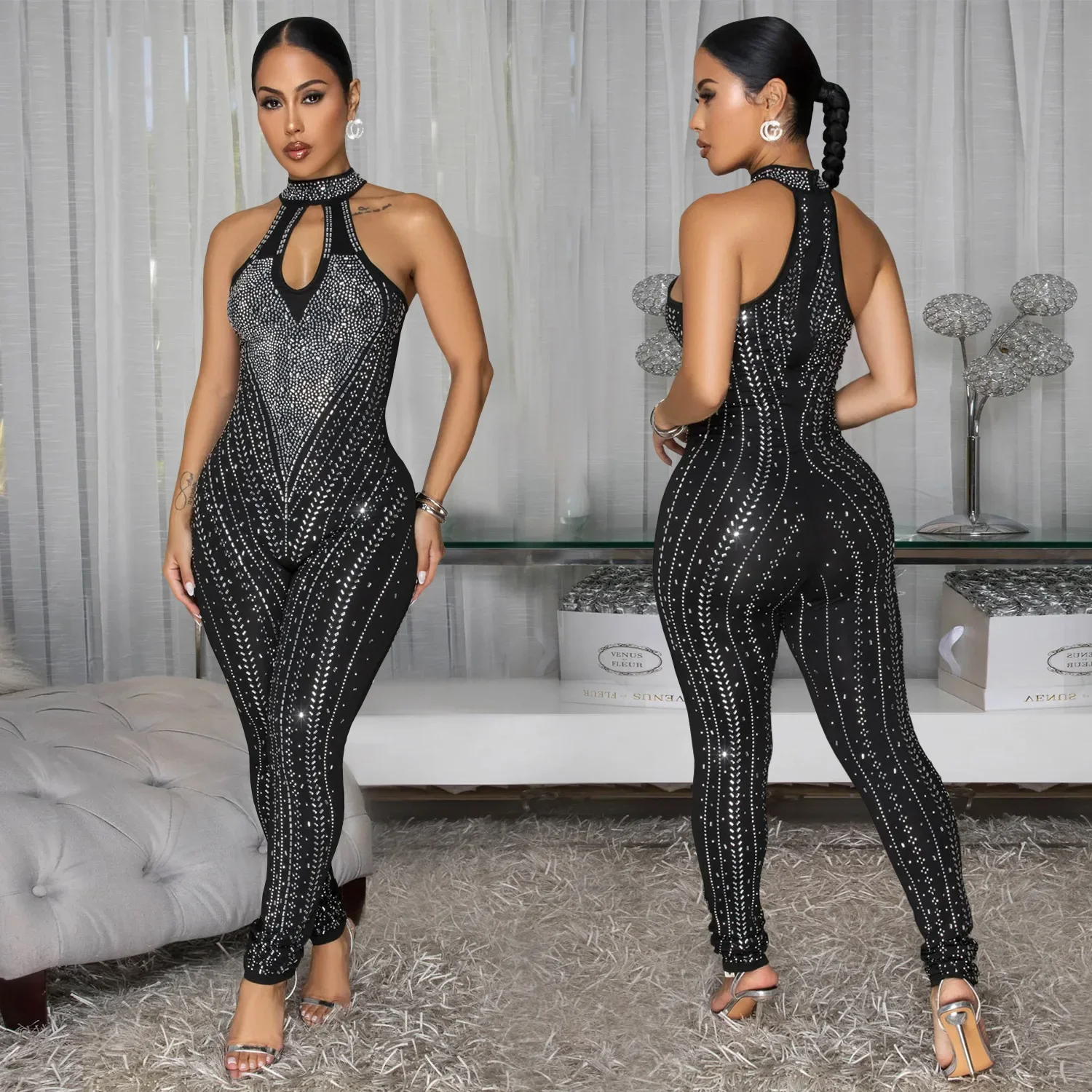 Diamanti Hot Strass Tuta nera 2025 Donna senza maniche Halter Body Sexy Club Party Donna One Pieae Tuta