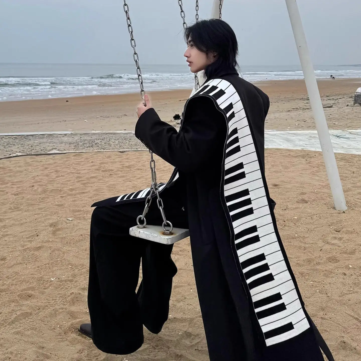 New Versatile Warm Scarf Japanese Style Piano Black White Key Scarf Men Imitation Rabbit Velvet Jacquard Shawl Y2K