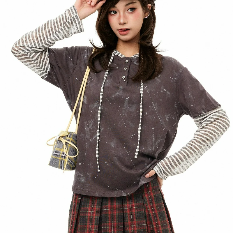 American Retro Striped Fake Two-piece Hooded Women's T-shirt 2026 Summer New Loose Thin Sunscreen Shirt Long-sleeved Top Ladies