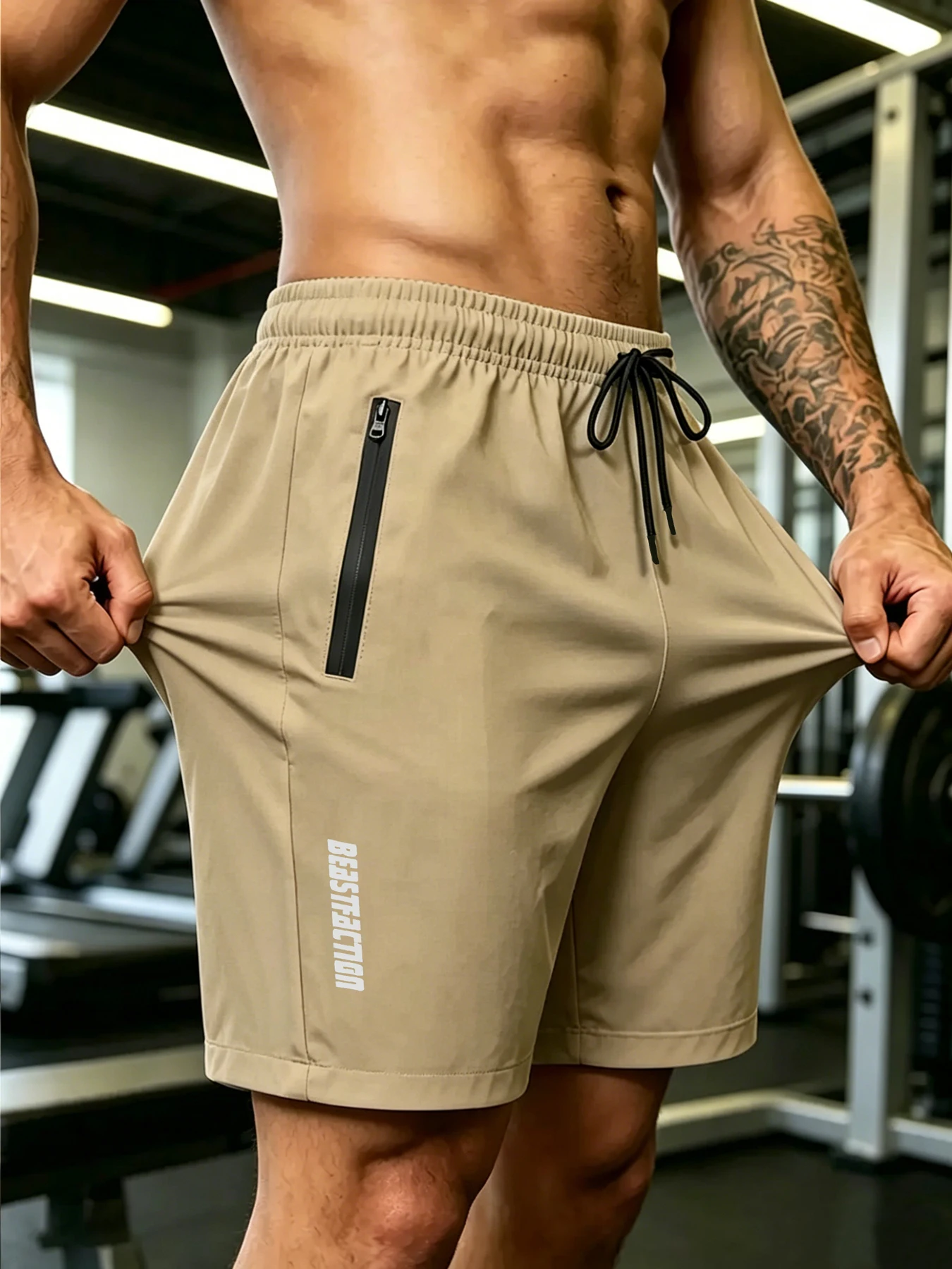 Men's Outdoor Functional Quick Dry Stretch Sports Shorts, Vertical Letter Print Detail, Secure Zipper Pockets, Lightweight Flexi
