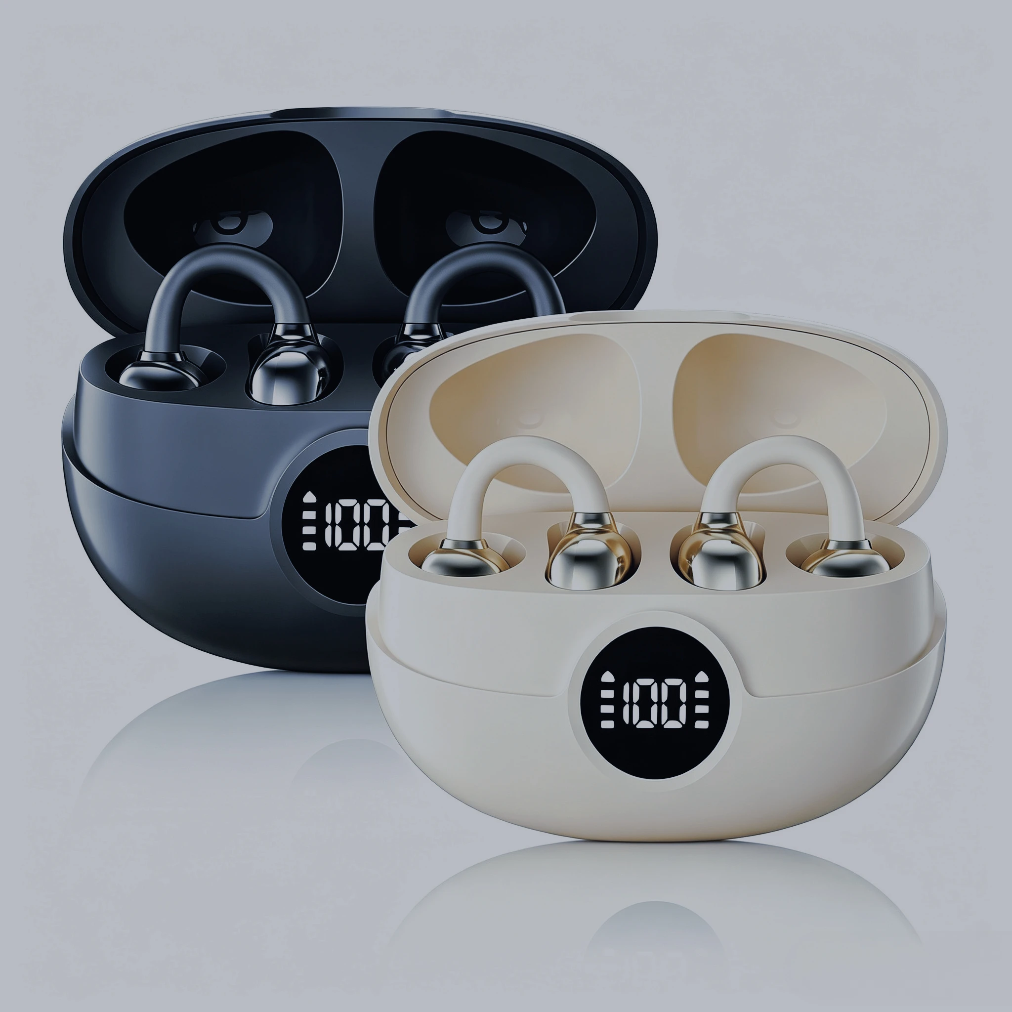 Wireless Clip‑On Earphones,  Digital Battery Indicator Hi‑Fi Audio, Noise Reduction Long Playtime Open‑Ear Headsets with Mic