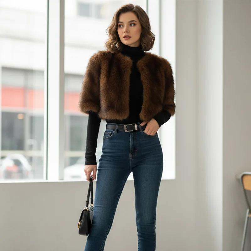 

Укороченная куртка из искусственного меха на осень-зиму, модная с короткими рукавами, шикарная удобная повседневная уличная одежда, подходящая для повседневной носки