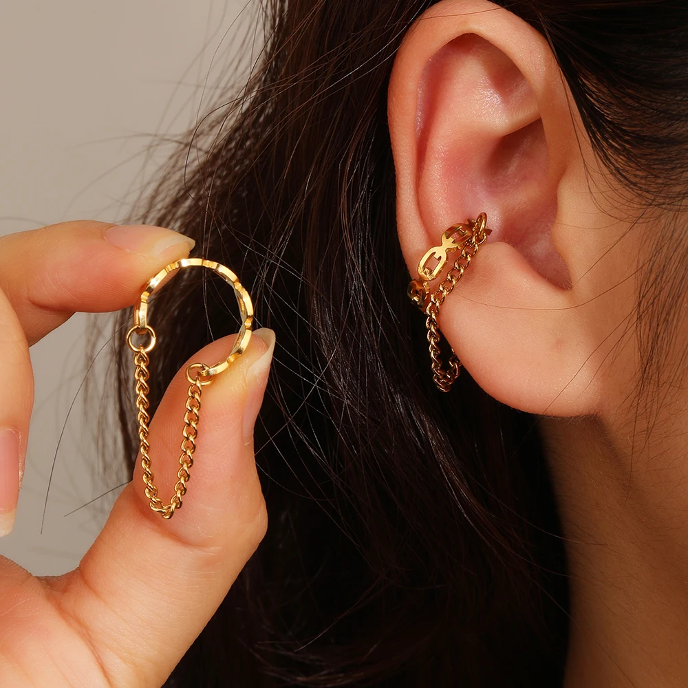 E89 Trendy Earless Ring with Ear Hook Chain, Beaded Ear Bone Clip, Titanium and 18K Gold Plated