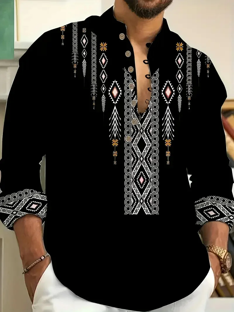 New Men's Casual Long Sleeve Henry Collar Linen Shirt Ethnic Print Men's Shirt High Quality Top Fits Everyday