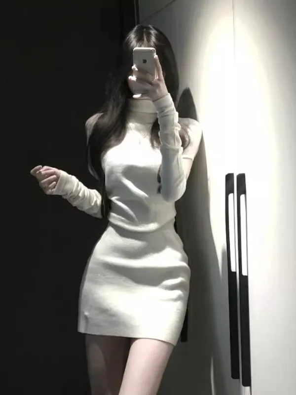 

Ele High Collar Bodycon ort Skirt Dr Faionable Gentle Sle Cotton Long Sve High Waist A-Line Silhouette Dr