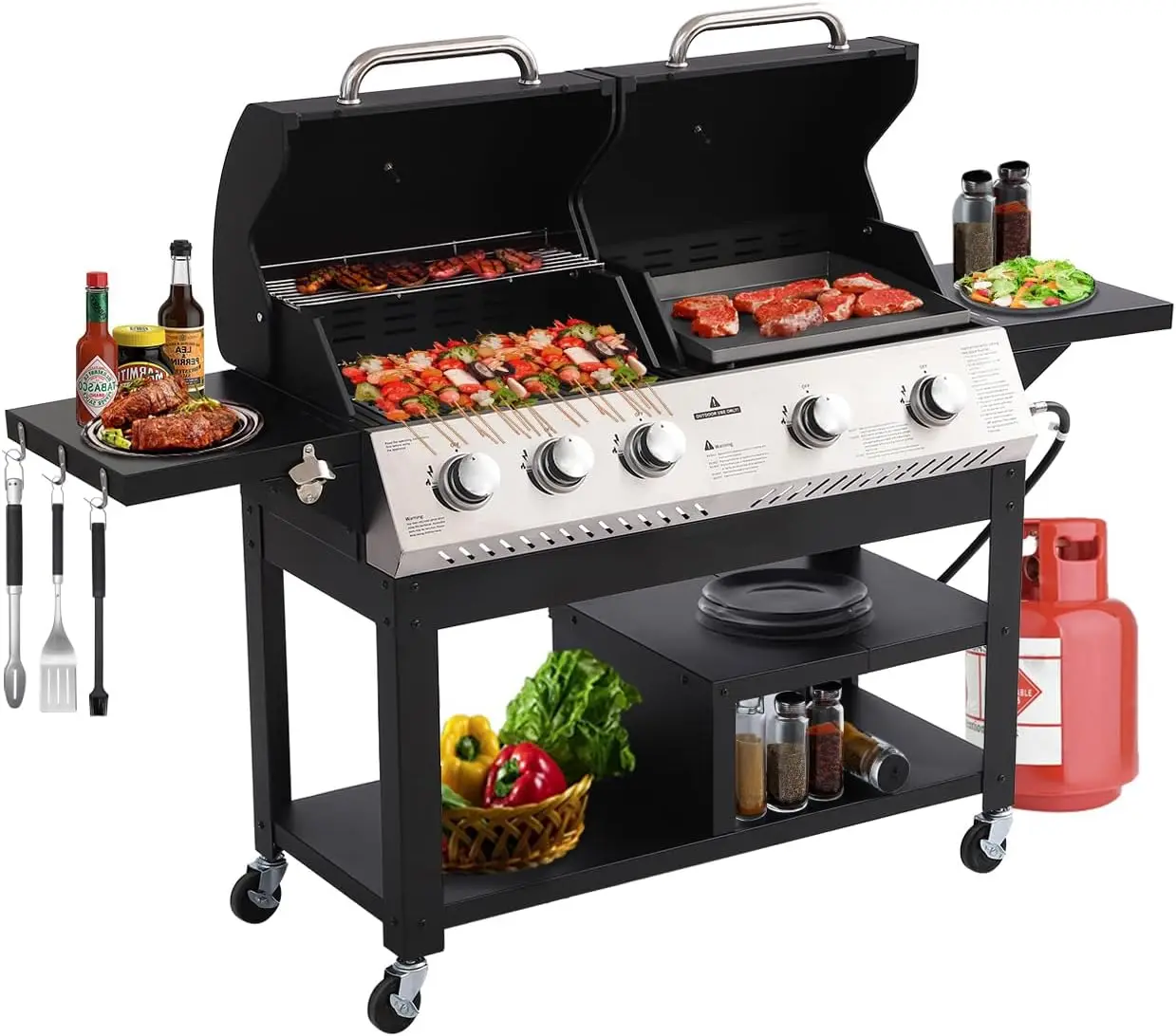 

5-Burner Propane Gas Grill and Griddle Combo, Dual Zone Outdoor BBQ with 54,000 BTU 627 SQ.IN. Stainless Steel & Porcelain Cast