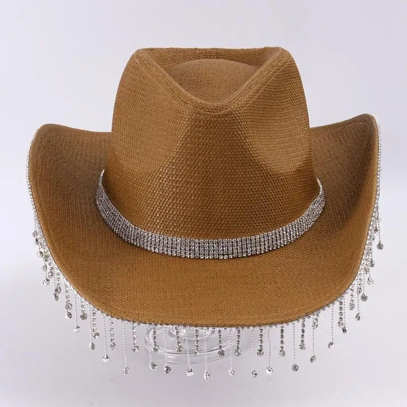 

P9FE блестящая ковбойская шляпа со стразами, ковбойская шляпа с бахромой, женские головные уборы для фотографий