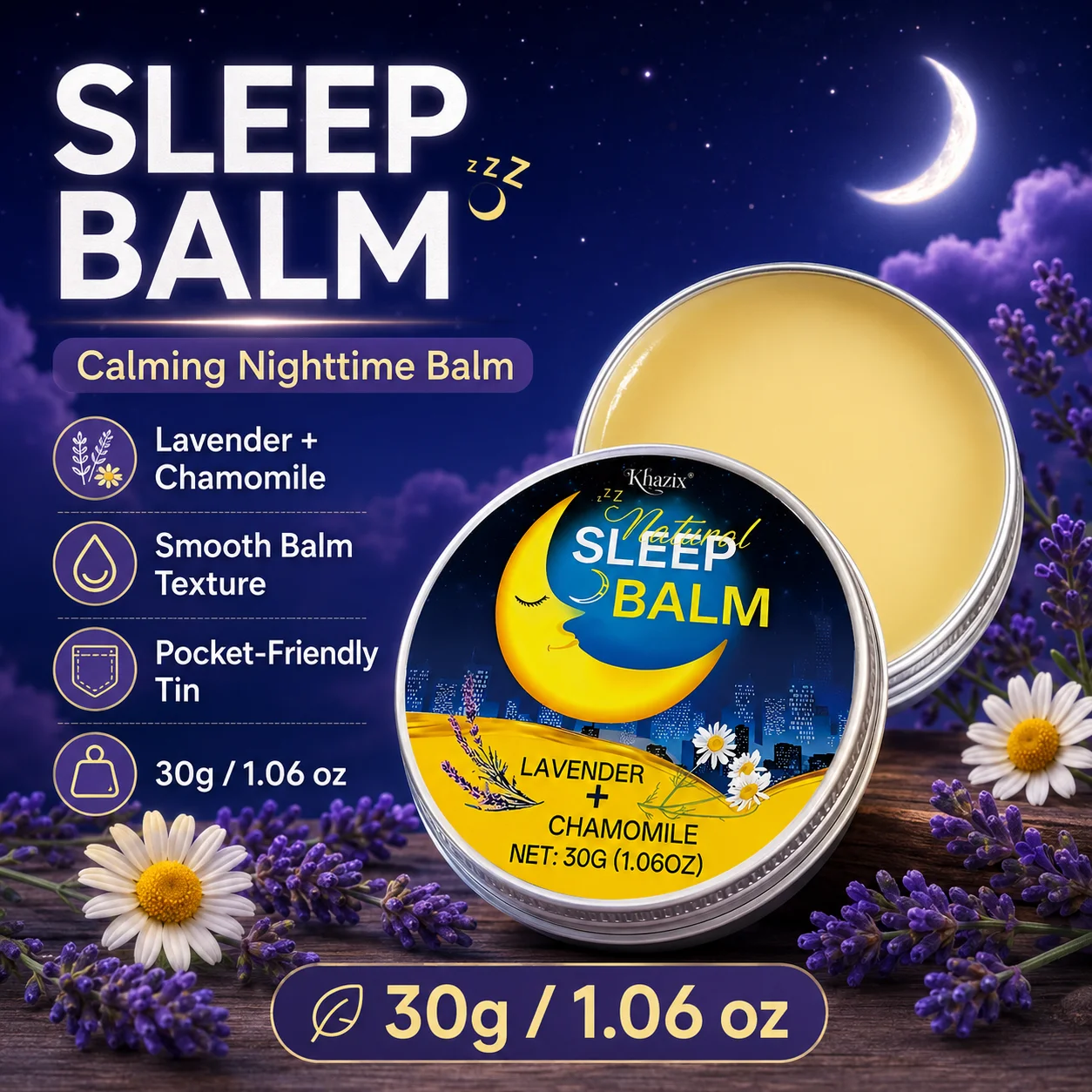 30g Sleep Balm Lavender Chamomile Nighttime Balm Calming Aroma Smooth Skin Friendly Pocket Size for Bedtime Routine Trave
