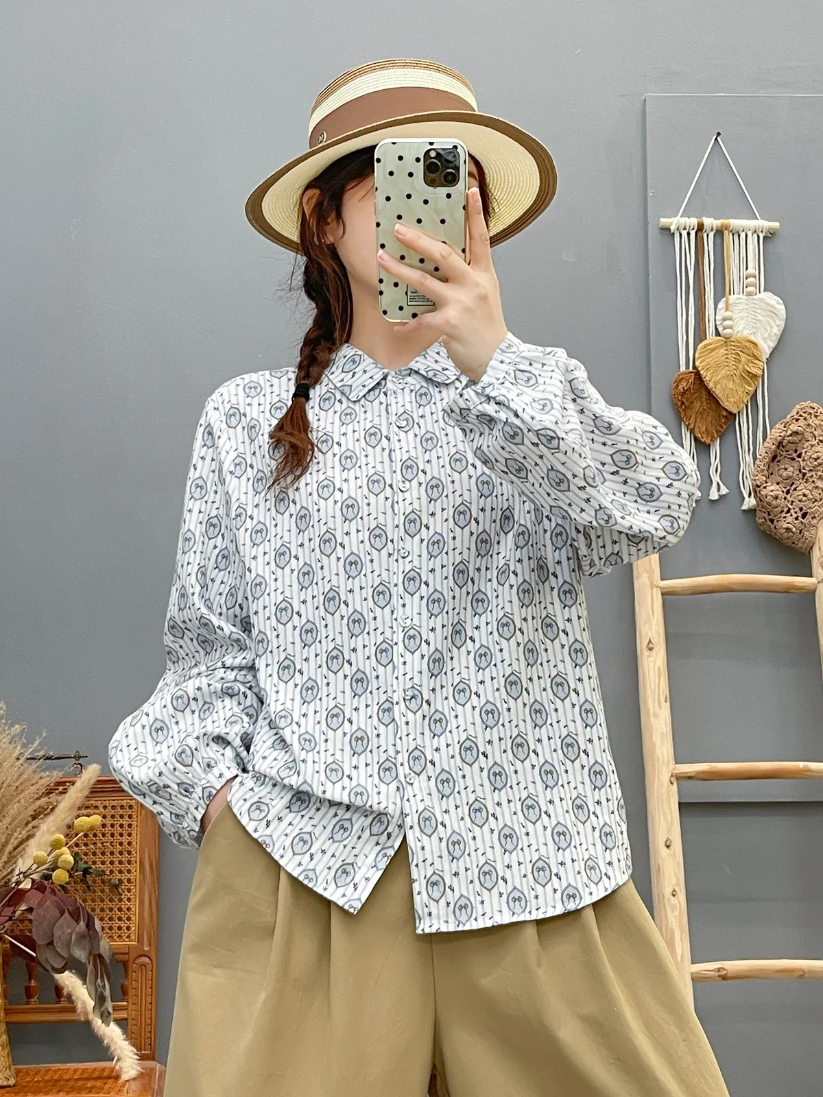 جديد 2025 الخريف قميص قطني بكم طويل نحى ، المرأة بدوره إلى أسفل طوق طباعة ، موري فتاة موضة بلوزة فضفاضة غير رسمية T58981CC #5