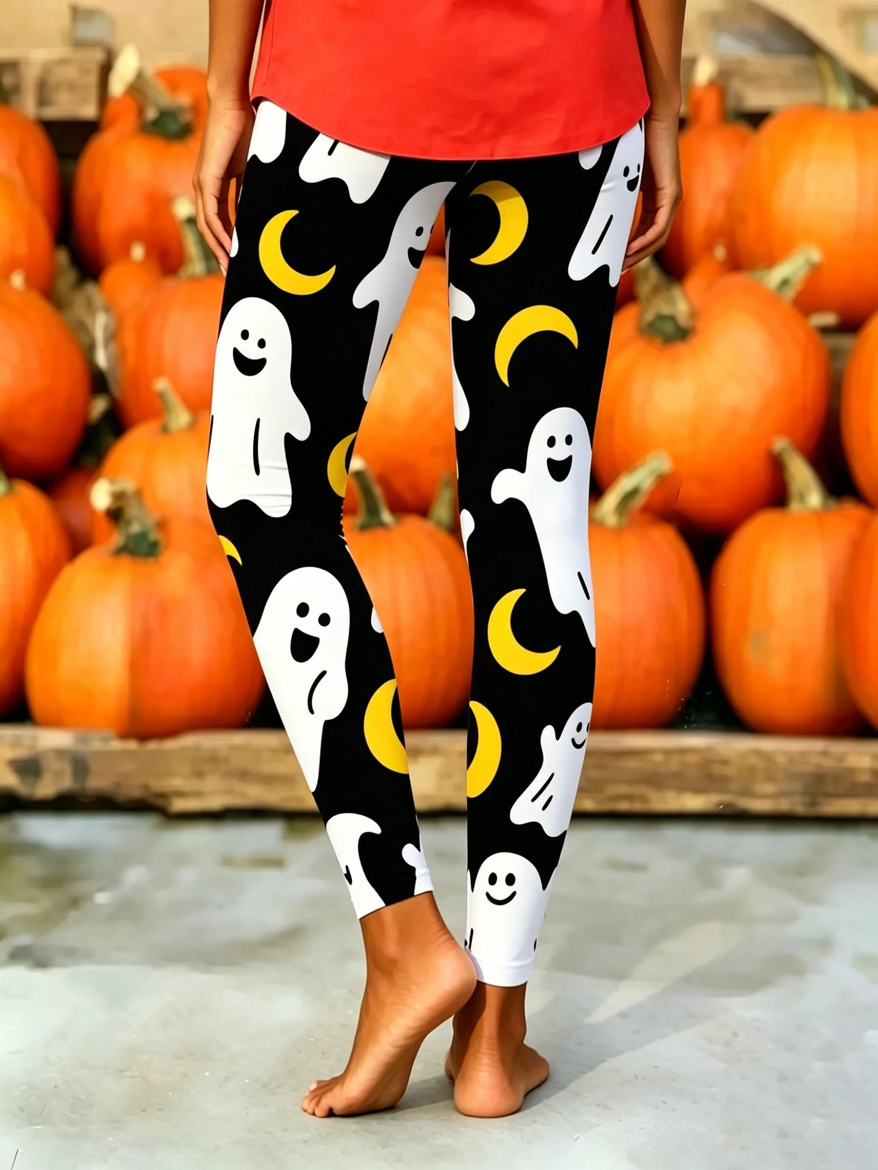 Women Fleece‑Lined Leggings Cute Ghost Crescent Moon Halloween Print Mid‑Waist Party Bottoms