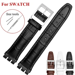 17mm 19mm Leather Watchbands for SWATCH Watch Belt Cowhide Bamboo Embossed Pattern Leather Strap for Women Men