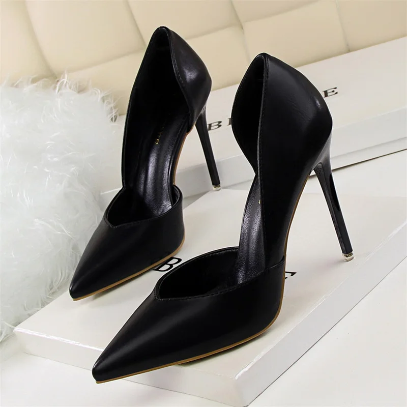 Women Pointed Shallow Mouth Side Hollow Thin High Heels Leather Shoes Elegant Sweet Pink Stiletto Wedding Party Shoes