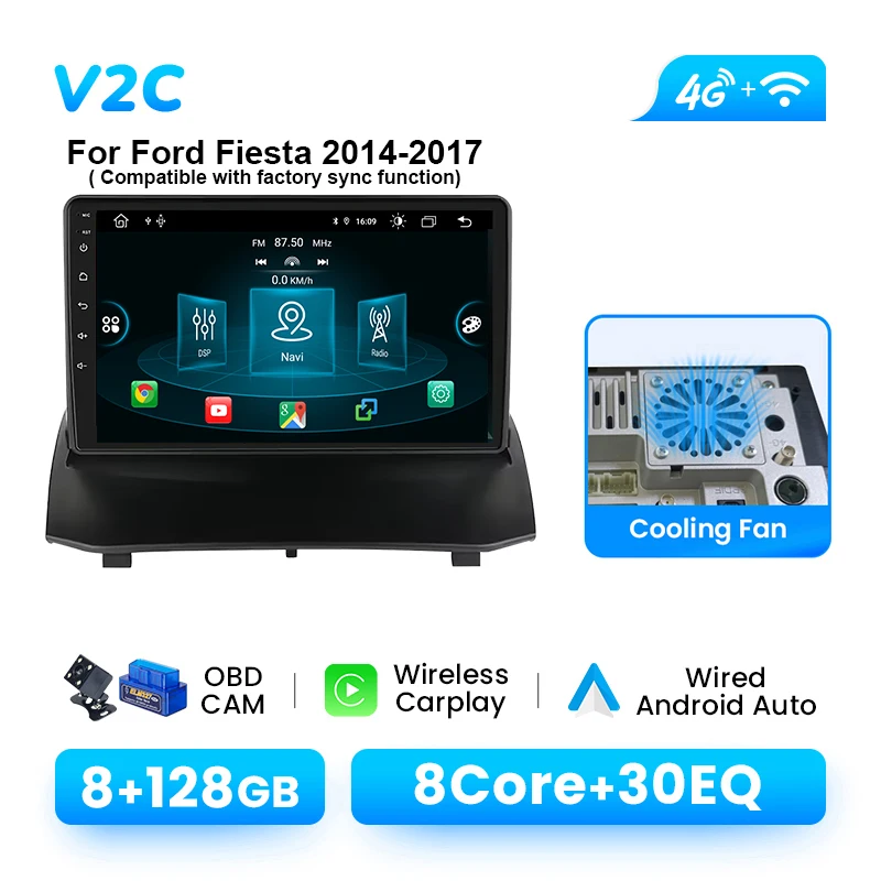 Android 14 Draadloze CarPlay Autoradio Speler Voor Ford Fiesta 2009-2017 Multimedia Navigatie GPS 4G Wifi DSP 1280*720 P IPS RDS