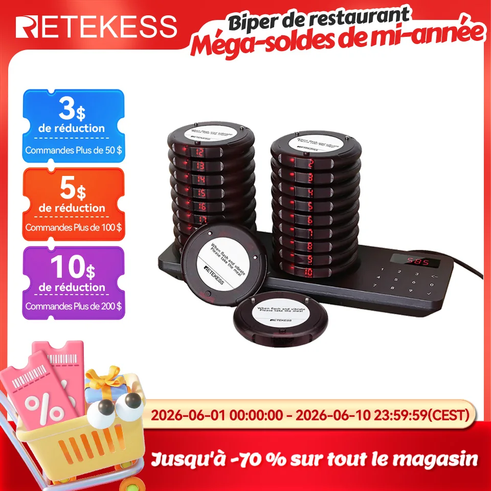 RETEKESS TD163 Système d'appel sans fil pour restaurant avec alerte de batterie faible peu encombrante et téléavertisseur vibrant pour Food Truck et Café